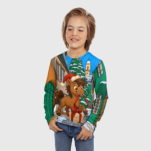 Детский лонгслив Лошадка распаковывает новогодний подарок / 3D-принт – фото 3