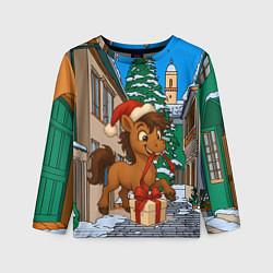 Лонгслив детский Лошадка распаковывает новогодний подарок, цвет: 3D-принт