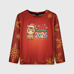 Лонгслив детский Новогодняя лошадка 2026 на красном фоне, цвет: 3D-принт