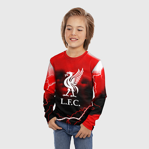 Детский лонгслив Ливерпуль шторм молнии красный / 3D-принт – фото 3