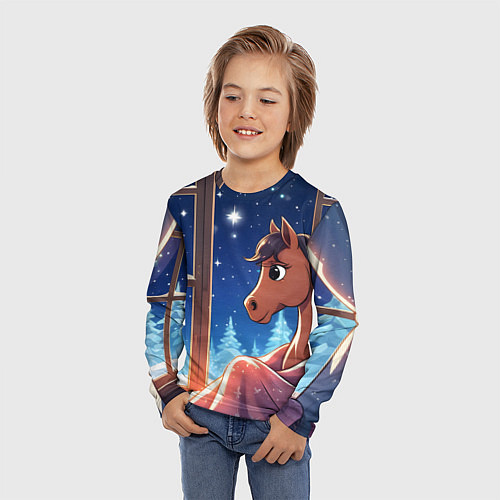 Детский лонгслив Лошадка зимней звездной ночью / 3D-принт – фото 3