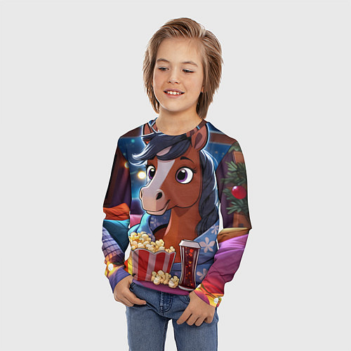 Детский лонгслив Новогодняя лошадка с попкорном / 3D-принт – фото 3