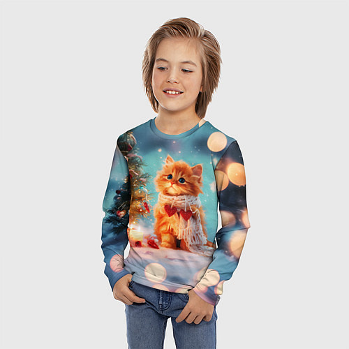 Детский лонгслив Рыжий маленький новогодний котенок / 3D-принт – фото 3
