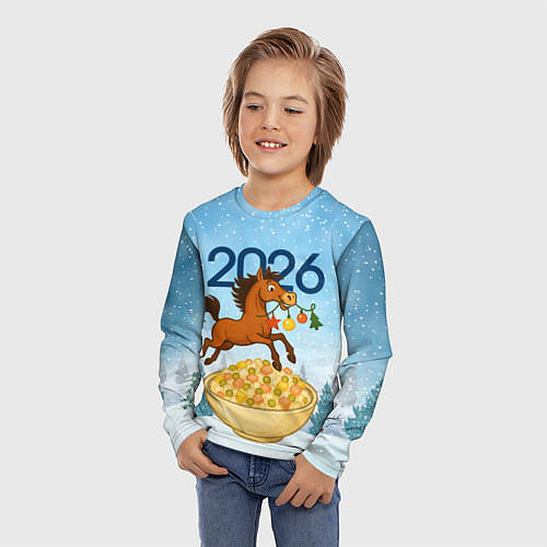 Детский лонгслив Лошадка с гирляндой прыгает через оливье / 3D-принт – фото 3