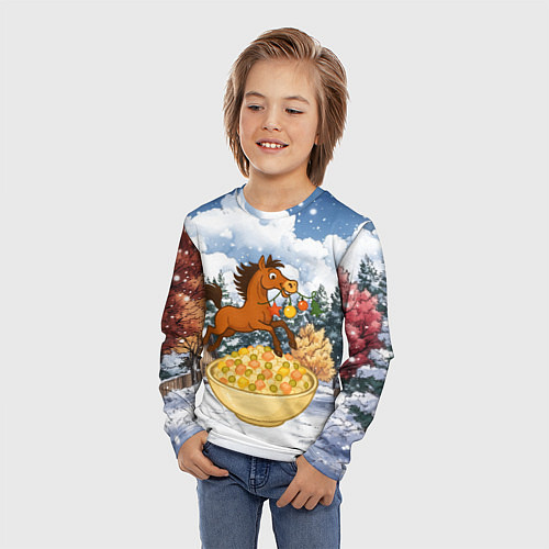 Детский лонгслив Новогодняя лошадка прыгает через оливье / 3D-принт – фото 3