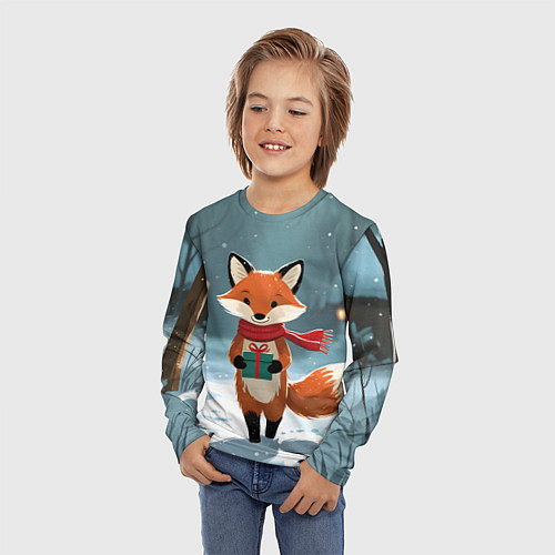 Детский лонгслив Лисичка с подарком зимой / 3D-принт – фото 3