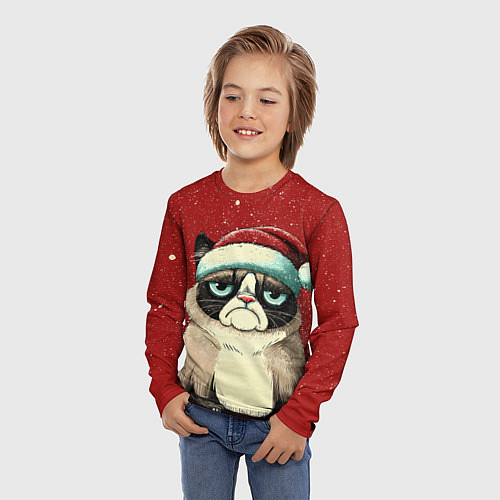 Детский лонгслив Грустный Новогодний мем котик / 3D-принт – фото 3