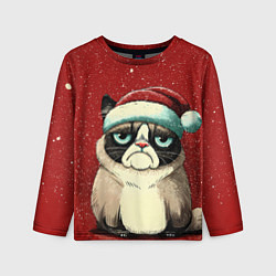 Лонгслив детский Грустный Новогодний мем котик, цвет: 3D-принт