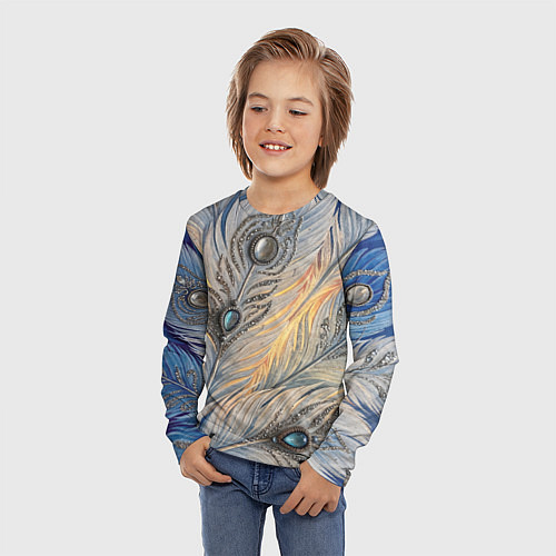 Детский лонгслив Синие перья с самоцветами / 3D-принт – фото 3