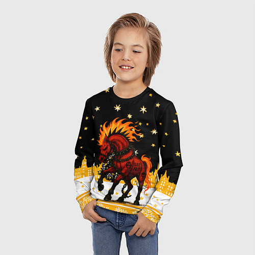 Детский лонгслив Красная огненная лошадь панк 2026 / 3D-принт – фото 3