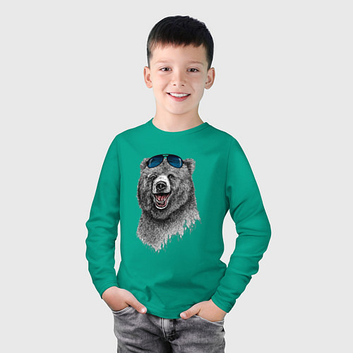 Детский лонгслив Медведь в очках / Зеленый – фото 3