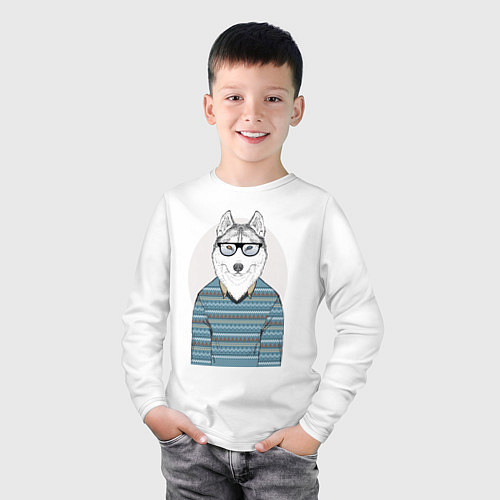 Детский лонгслив Хаски в свитере / Белый – фото 3