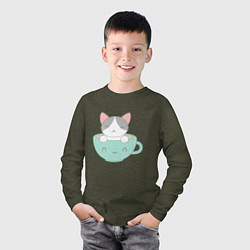 Лонгслив хлопковый детский Чайный котик, цвет: меланж-хаки — фото 2