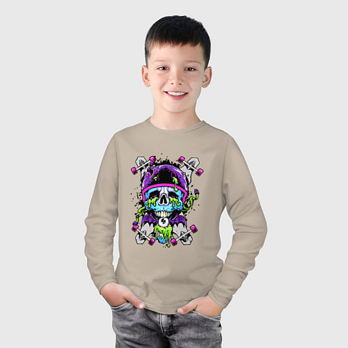 Детский лонгслив Crazy skull - skateboard / Миндальный – фото 3