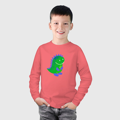 Детский лонгслив Зеленый дракончик-динозаврик / Коралловый – фото 3