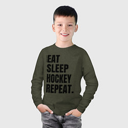 Лонгслив хлопковый детский EAT SLEEP HOCKEY REPEAT, цвет: меланж-хаки — фото 2