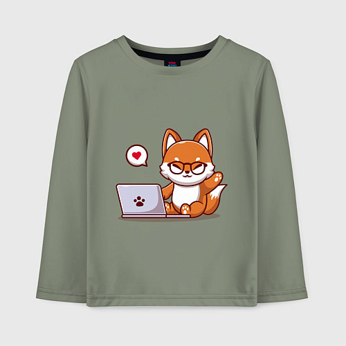 Детский лонгслив Cute fox and laptop / Авокадо – фото 1