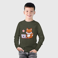Лонгслив хлопковый детский Cute fox and laptop, цвет: меланж-хаки — фото 2