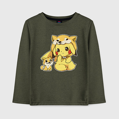 Детский лонгслив Пикачу и корги / Меланж-хаки – фото 1