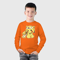 Лонгслив хлопковый детский Пикачу и корги, цвет: оранжевый — фото 2