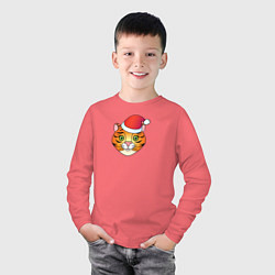 Лонгслив хлопковый детский Мордочка Тигра в колпаке Санты, цвет: коралловый — фото 2