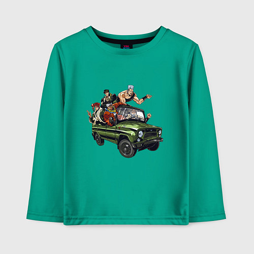 Детский лонгслив Персонажи жожо едут на уазике джо джо / Зеленый – фото 1