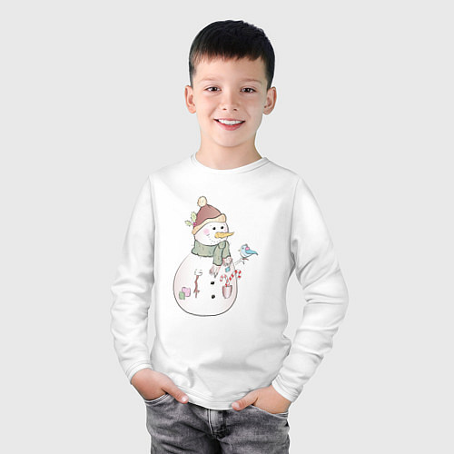 Детский лонгслив Снеговик с птичкой / Белый – фото 3