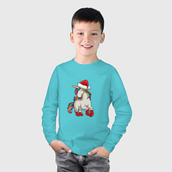 Лонгслив хлопковый детский Санта Единорог, цвет: бирюзовый — фото 2
