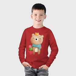 Лонгслив хлопковый детский Медвежонок с короной и подарками, цвет: красный — фото 2