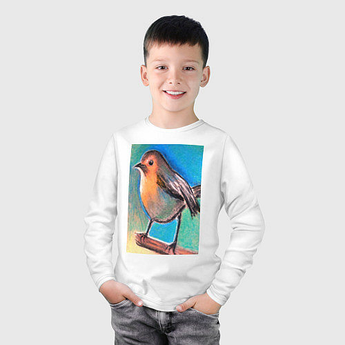 Детский лонгслив Рисунок пастелью птица синица / Белый – фото 3