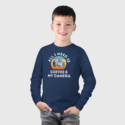 Лонгслив хлопковый детский Все что мне нужно, это кофе и моя камера, цвет: тёмно-синий — фото 2