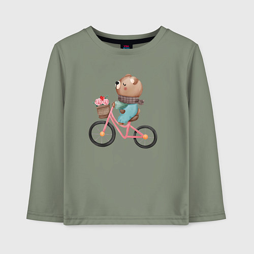 Детский лонгслив Медведь с цветами на велосипеде / Авокадо – фото 1