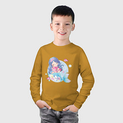 Лонгслив хлопковый детский Красивая русалочка с рыбками Детский стиль, цвет: горчичный — фото 2