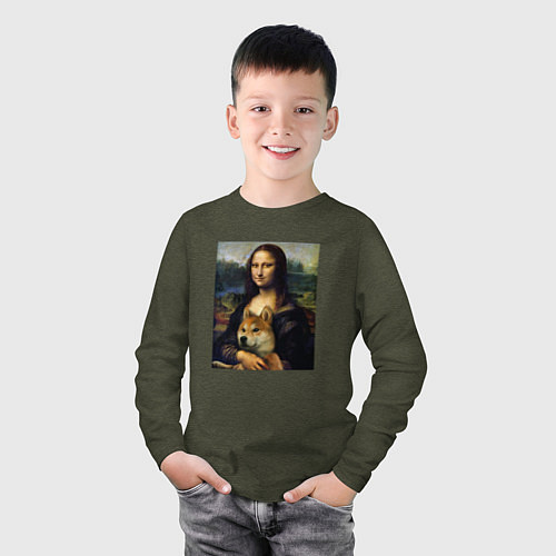 Детский лонгслив Shiba Inu Mona Lisa / Меланж-хаки – фото 3
