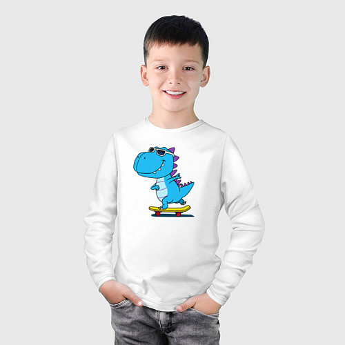 Детский лонгслив Динозавр скейтбордист / Белый – фото 3