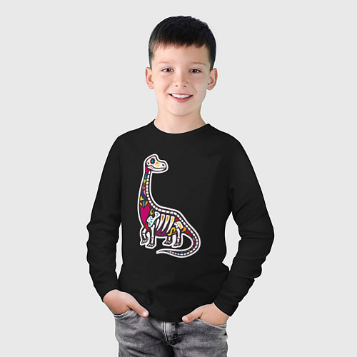 Детский лонгслив Разноцветный скелет динозавра / Черный – фото 3