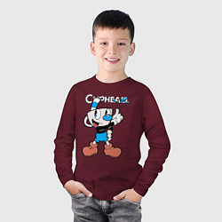 Лонгслив хлопковый детский Синяя чашка Cuphead, цвет: меланж-бордовый — фото 2