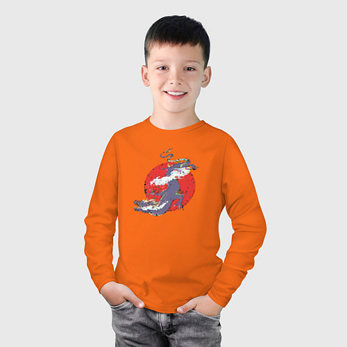 Детский лонгслив Дизайн с драконом на фоне красного солнца с эффект / Оранжевый – фото 3