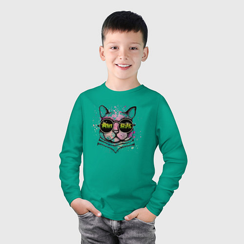 Детский лонгслив Кот в очках The cat with glasses / Зеленый – фото 3