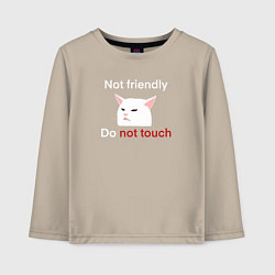 Лонгслив хлопковый детский Not friendly, do not touch, текст с мемным котом, цвет: миндальный