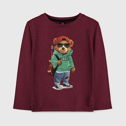 Детский лонгслив Прикольный мишутка гитарист Cool teddy bear guitar / Меланж-бордовый – фото 1
