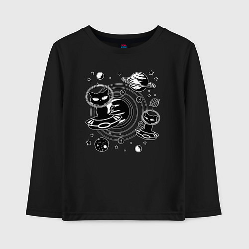 Детский лонгслив Коты пришельцы в космосе / Черный – фото 1