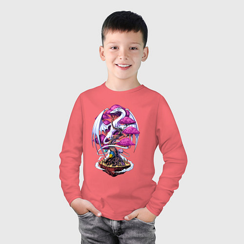 Детский лонгслив Дракон на дереве - космическая метаморфоза / Коралловый – фото 3