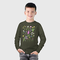 Лонгслив хлопковый детский Полевые цветы, растения акварелью Ботаника, цвет: меланж-хаки — фото 2