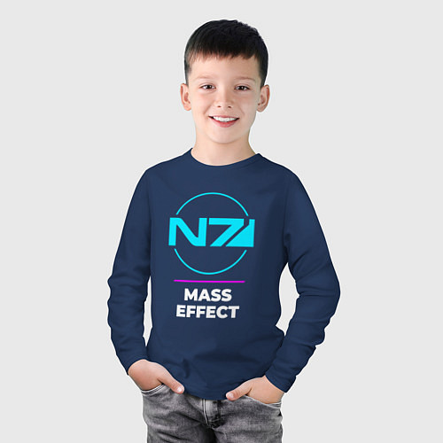 Детский лонгслив Символ Mass Effect в неоновых цветах / Тёмно-синий – фото 3