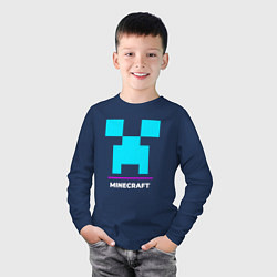 Лонгслив хлопковый детский Символ Minecraft в неоновых цветах, цвет: тёмно-синий — фото 2