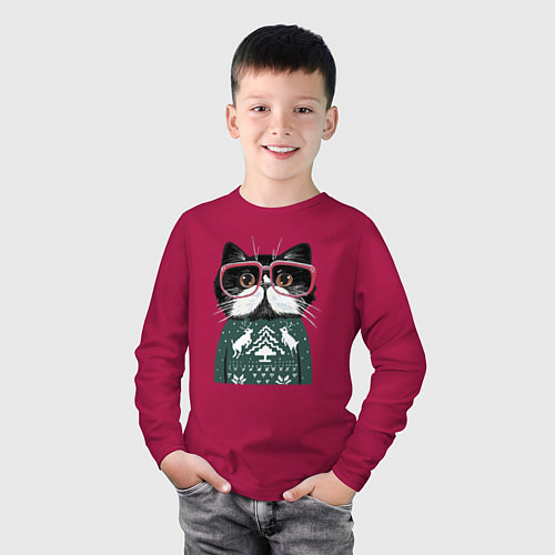 Детский лонгслив Умный кот в очках в новогоднем свитере / Маджента – фото 3