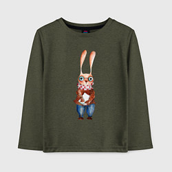 Лонгслив хлопковый детский Кролик в очках, цвет: меланж-хаки