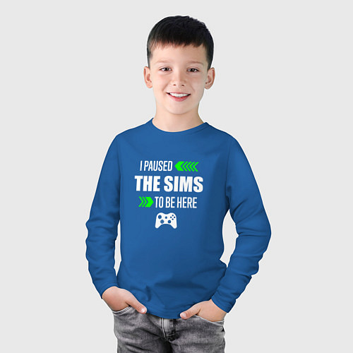 Детский лонгслив I Paused The Sims To Be Here с зелеными стрелками / Синий – фото 3