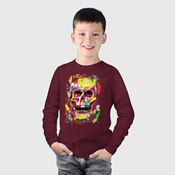 Лонгслив хлопковый детский Красочный стилизованный череп, цвет: меланж-бордовый — фото 2